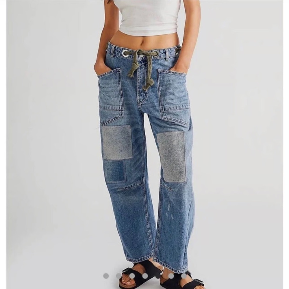 Free People Patchwork Boyfriend Jeans in Medium Blue